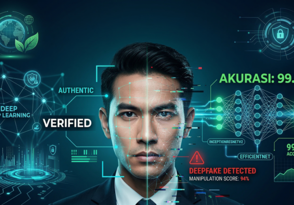 Ilustrasi pemindaian wajah biometrik oleh kecerdasan buatan, menampilkan metrik akurasi 99,6% dan analisis jaringan saraf tiruan untuk mendeteksi manipulasi video deepfake.