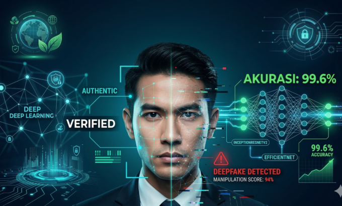 Ilustrasi pemindaian wajah biometrik oleh kecerdasan buatan, menampilkan metrik akurasi 99,6% dan analisis jaringan saraf tiruan untuk mendeteksi manipulasi video deepfake.