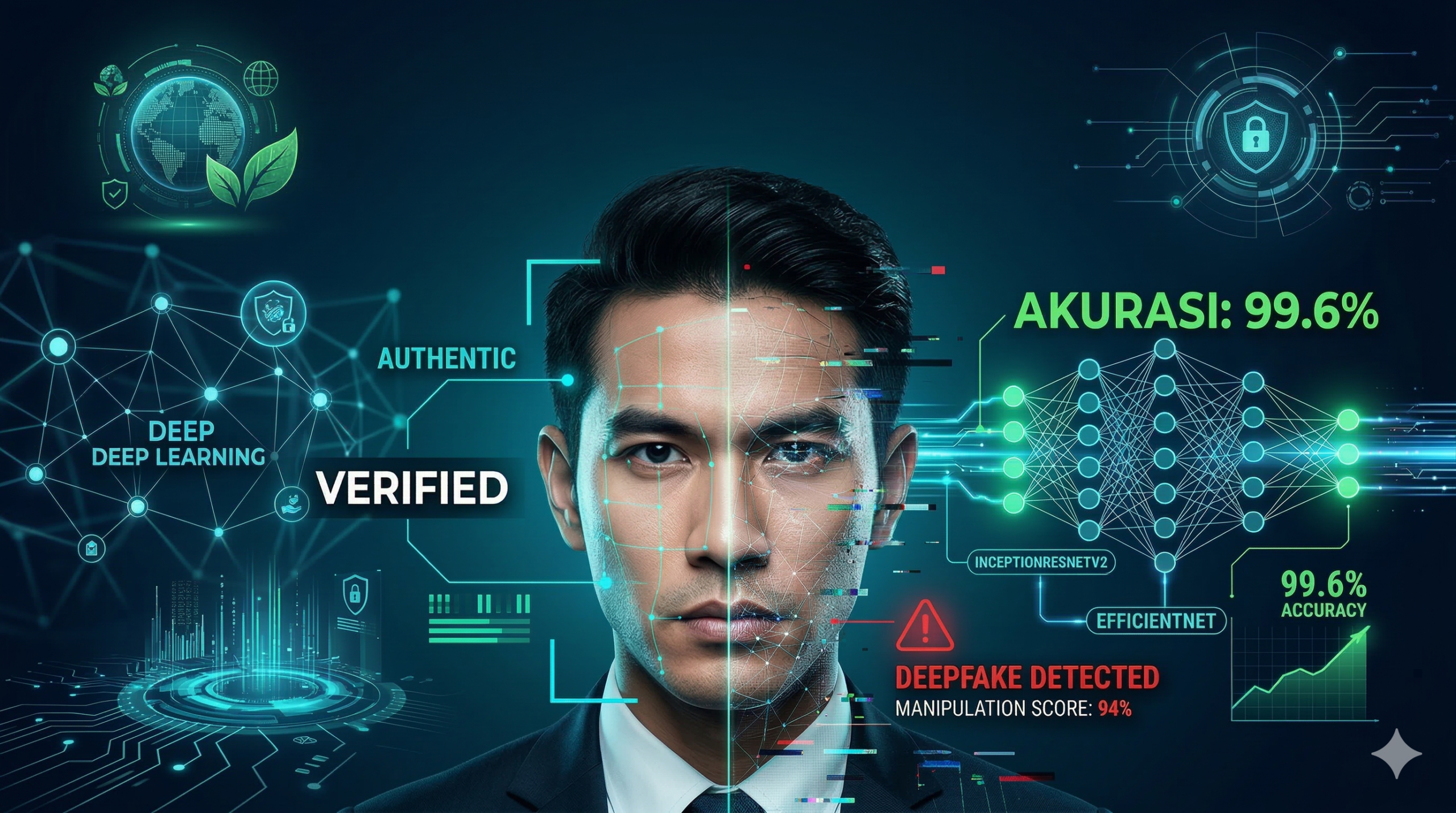 Ilustrasi pemindaian wajah biometrik oleh kecerdasan buatan, menampilkan metrik akurasi 99,6% dan analisis jaringan saraf tiruan untuk mendeteksi manipulasi video deepfake.