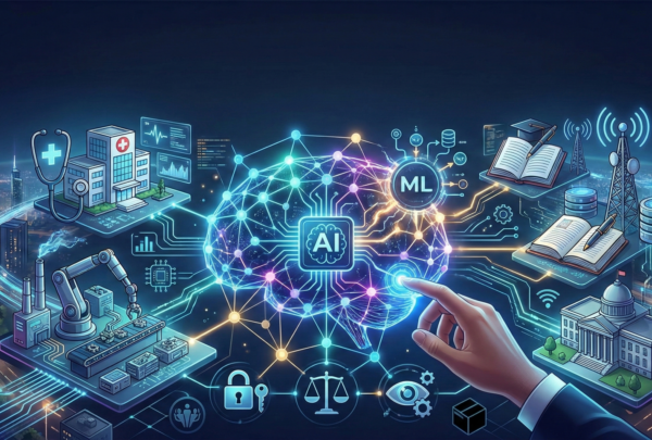 Ilustrasi jaringan Artificial Intelligence (AI) dan Machine Learning (ML) bersinar yang menghubungkan berbagai sektor seperti kesehatan, industri, pendidikan, dan pemerintahan dalam transformasi digital.