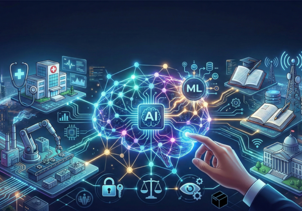 Ilustrasi jaringan Artificial Intelligence (AI) dan Machine Learning (ML) bersinar yang menghubungkan berbagai sektor seperti kesehatan, industri, pendidikan, dan pemerintahan dalam transformasi digital.