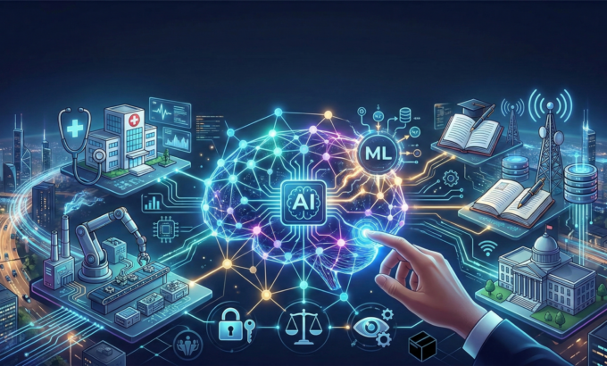 Ilustrasi jaringan Artificial Intelligence (AI) dan Machine Learning (ML) bersinar yang menghubungkan berbagai sektor seperti kesehatan, industri, pendidikan, dan pemerintahan dalam transformasi digital.