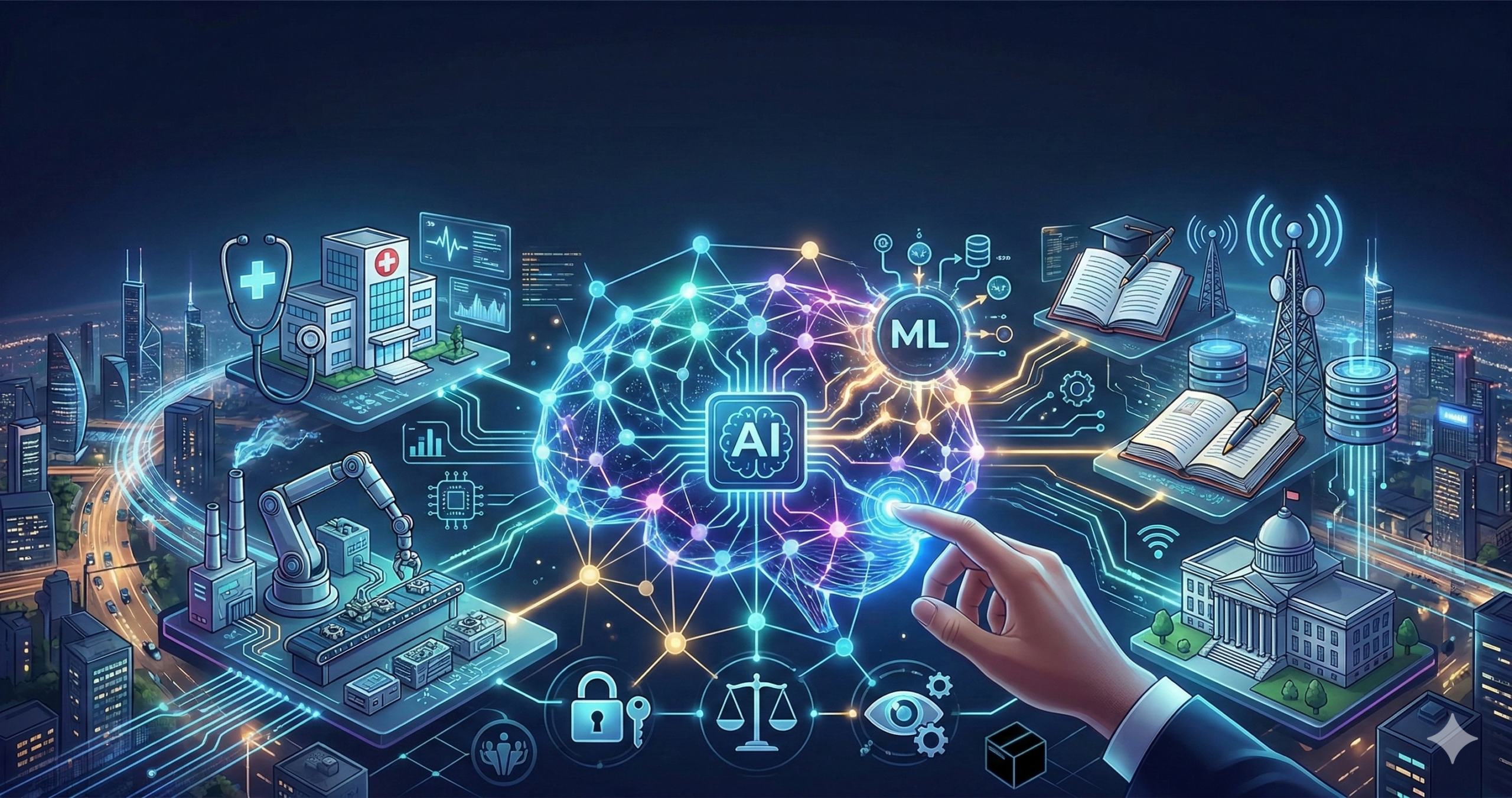 Ilustrasi jaringan Artificial Intelligence (AI) dan Machine Learning (ML) bersinar yang menghubungkan berbagai sektor seperti kesehatan, industri, pendidikan, dan pemerintahan dalam transformasi digital.