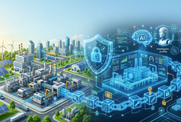 Ilustrasi integrasi AI, Blockchain, dan Digital Twin untuk mengamankan infrastruktur fisik dan Sistem Siber-Fisik (CPS) secara berkelanjutan di era Industri 5.0