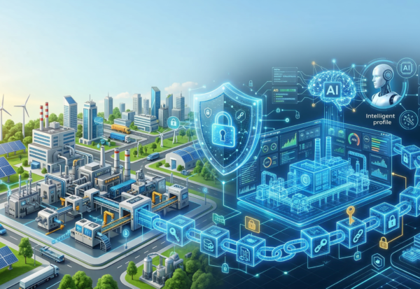 Ilustrasi integrasi AI, Blockchain, dan Digital Twin untuk mengamankan infrastruktur fisik dan Sistem Siber-Fisik (CPS) secara berkelanjutan di era Industri 5.0