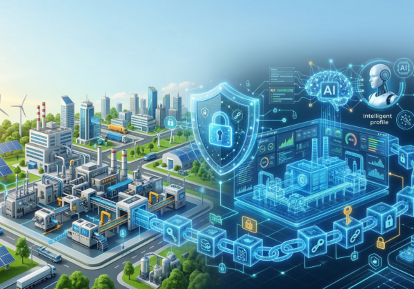 Ilustrasi integrasi AI, Blockchain, dan Digital Twin untuk mengamankan infrastruktur fisik dan Sistem Siber-Fisik (CPS) secara berkelanjutan di era Industri 5.0