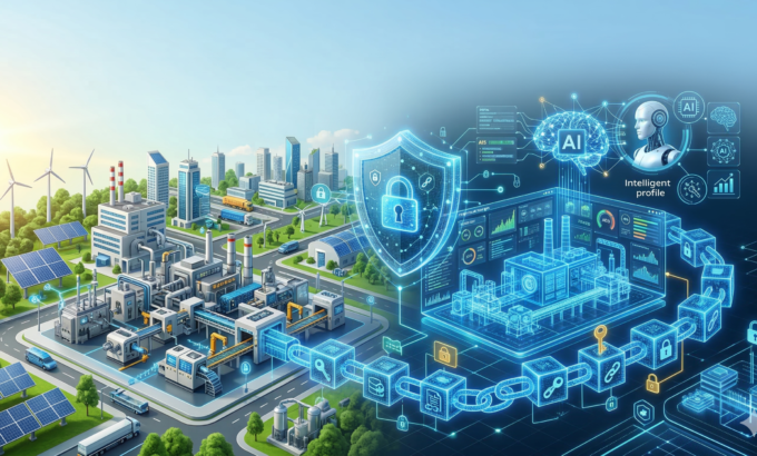 Ilustrasi integrasi AI, Blockchain, dan Digital Twin untuk mengamankan infrastruktur fisik dan Sistem Siber-Fisik (CPS) secara berkelanjutan di era Industri 5.0