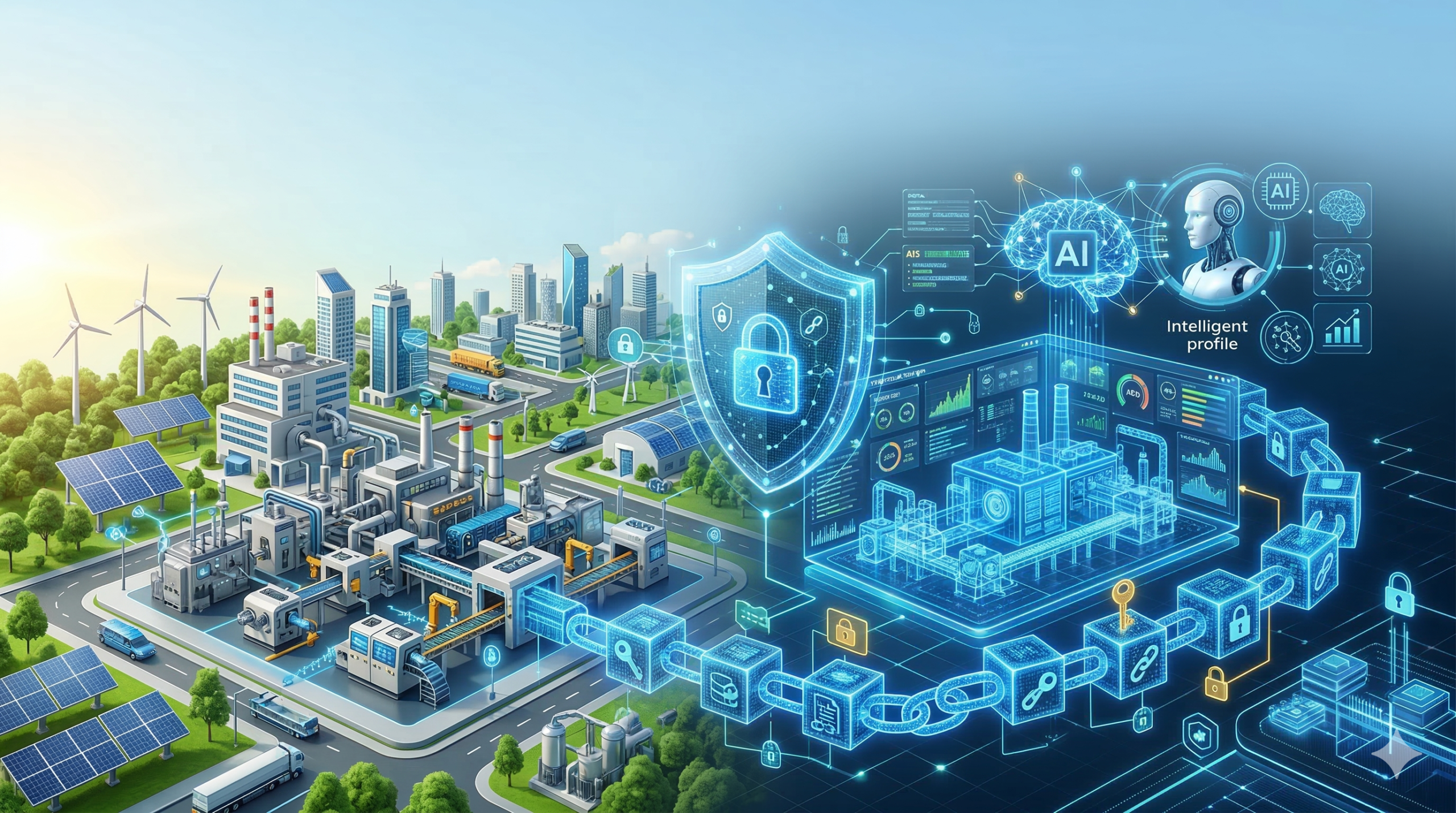 Ilustrasi integrasi AI, Blockchain, dan Digital Twin untuk mengamankan infrastruktur fisik dan Sistem Siber-Fisik (CPS) secara berkelanjutan di era Industri 5.0