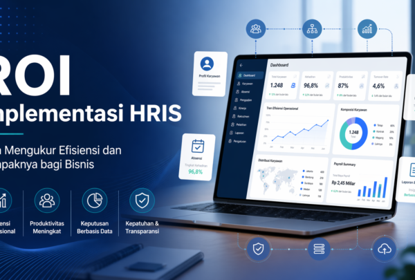 Ilustrasi ROI implementasi HRIS untuk mengukur efisiensi payroll, absensi, produktivitas, dan analitik SDM di perusahaan modern.