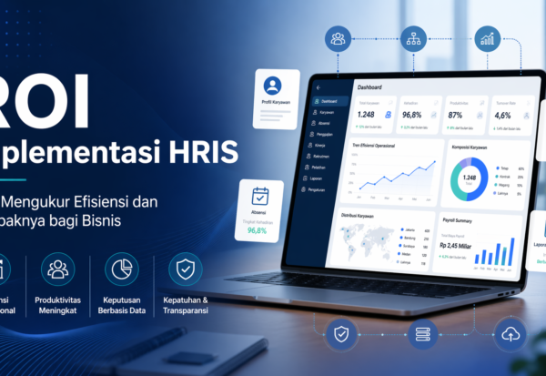 Ilustrasi ROI implementasi HRIS untuk mengukur efisiensi payroll, absensi, produktivitas, dan analitik SDM di perusahaan modern.
