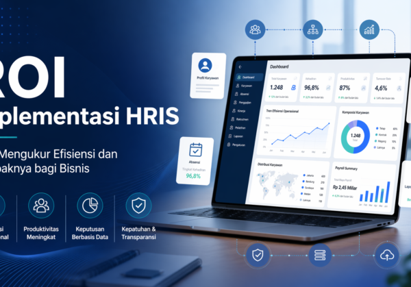 Ilustrasi ROI implementasi HRIS untuk mengukur efisiensi payroll, absensi, produktivitas, dan analitik SDM di perusahaan modern.