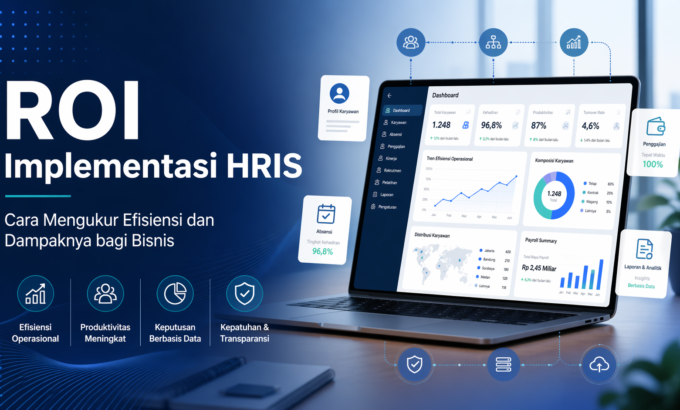 ROI Implementasi HRIS untuk Efisiensi dan Keputusan SDM Ilustrasi ROI implementasi HRIS untuk mengukur efisiensi payroll, absensi, produktivitas, dan analitik SDM di perusahaan modern.
