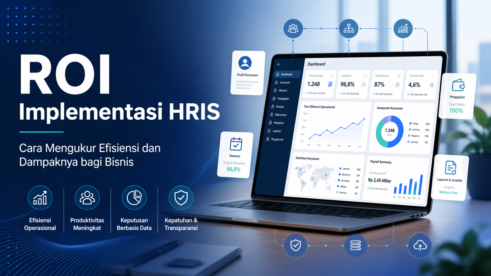 Ilustrasi ROI implementasi HRIS untuk mengukur efisiensi payroll, absensi, produktivitas, dan analitik SDM di perusahaan modern.