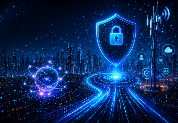 Ilustrasi futuristik arsitektur Zero Trust berbasis kuantum dengan jaringan 7G, menampilkan konsep keamanan digital, enkripsi kuantum, dan konektivitas ultra cepat di masa depan.