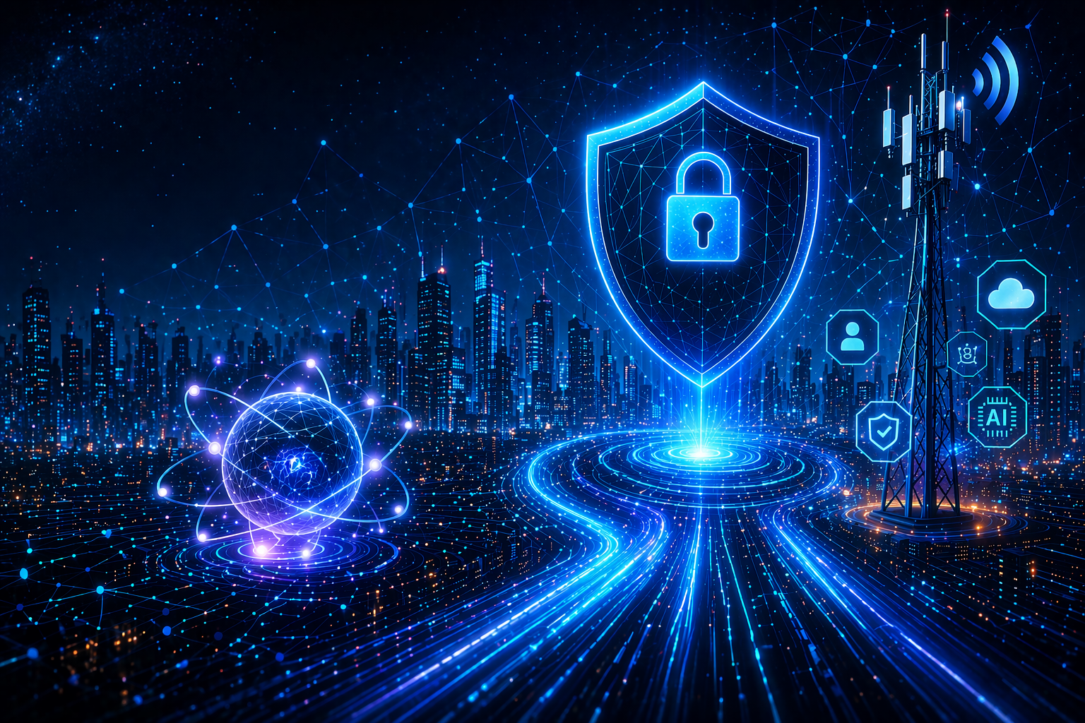 Ilustrasi futuristik arsitektur Zero Trust berbasis kuantum dengan jaringan 7G, menampilkan konsep keamanan digital, enkripsi kuantum, dan konektivitas ultra cepat di masa depan.