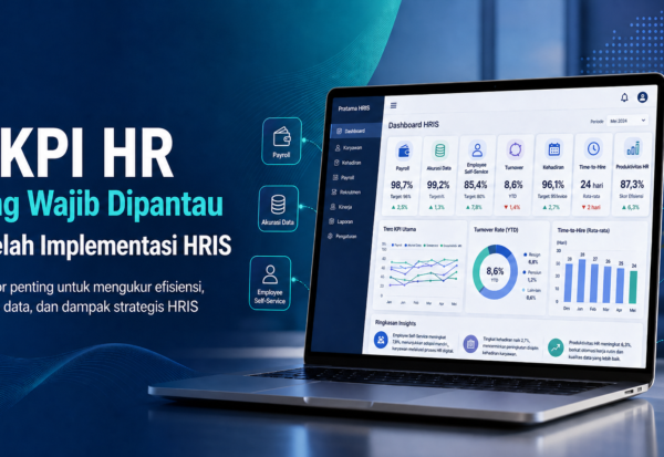 Ilustrasi 7 KPI HR dalam dashboard HRIS untuk mengukur payroll, akurasi data, employee self-service, turnover, kehadiran, time-to-hire, dan produktivitas HR.