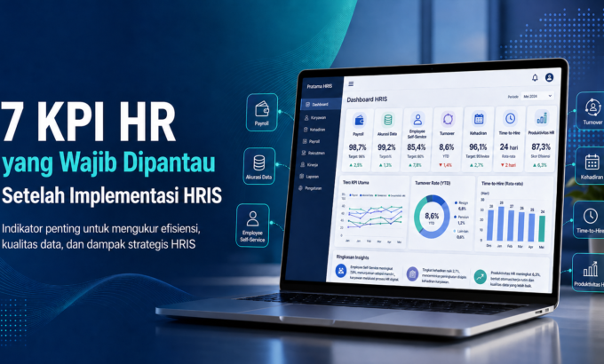 7 KPI HR Setelah Implementasi HRIS | Pratama Tech Ilustrasi 7 KPI HR dalam dashboard HRIS untuk mengukur payroll, akurasi data, employee self-service, turnover, kehadiran, time-to-hire, dan produktivitas HR.