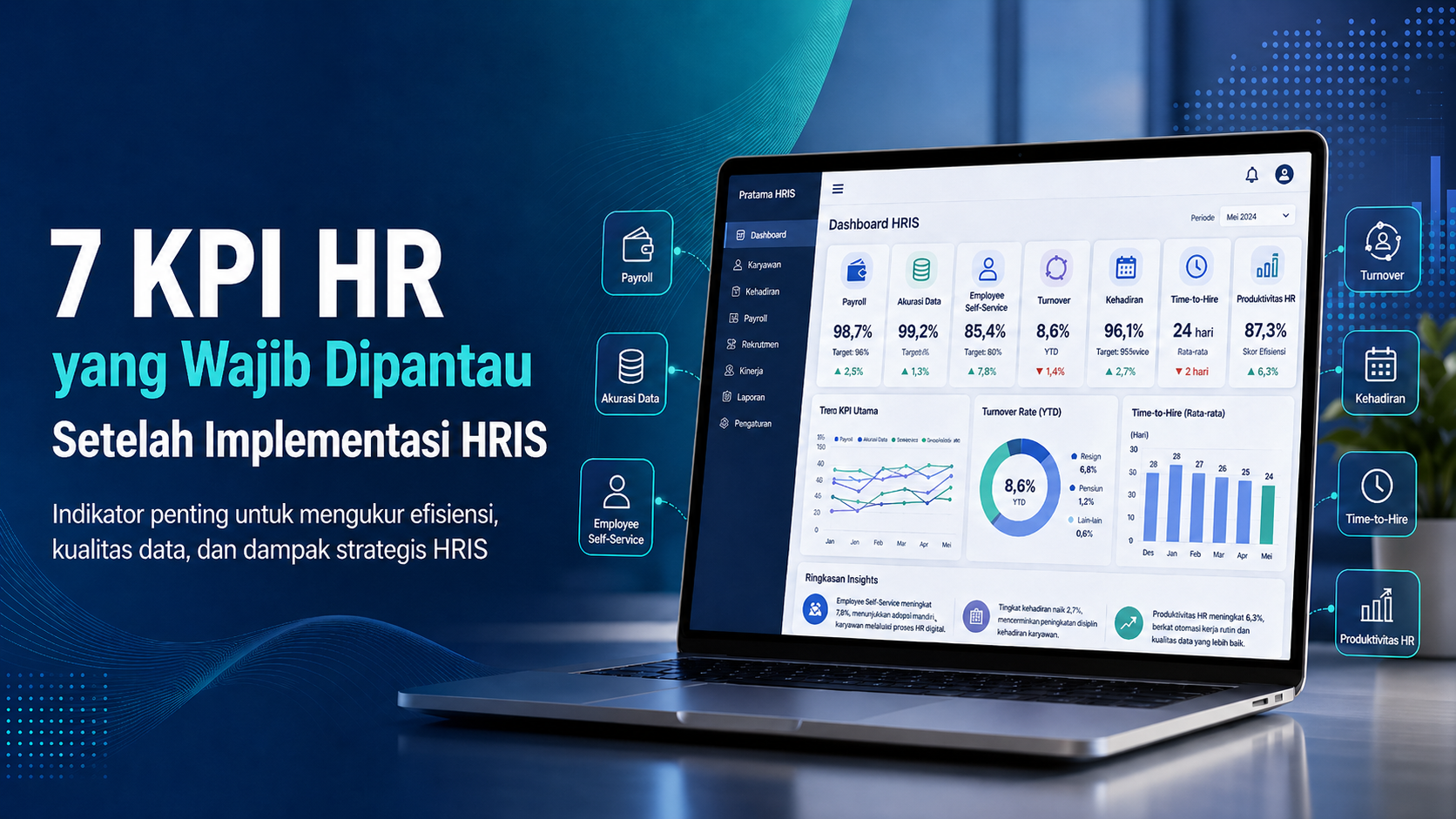 Ilustrasi 7 KPI HR dalam dashboard HRIS untuk mengukur payroll, akurasi data, employee self-service, turnover, kehadiran, time-to-hire, dan produktivitas HR.