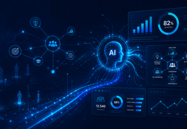 HRIS di Era AI: Mengapa Perusahaan Kini Butuh Talent Readiness Ilustrasi cover HRIS di era AI dengan dashboard modern, elemen analytics, skills, dan talent readiness untuk mendukung keputusan bisnis yang lebih strategis.