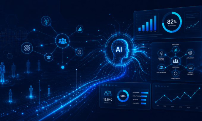 HRIS di Era AI: Mengapa Perusahaan Kini Butuh Talent Readiness Ilustrasi cover HRIS di era AI dengan dashboard modern, elemen analytics, skills, dan talent readiness untuk mendukung keputusan bisnis yang lebih strategis.