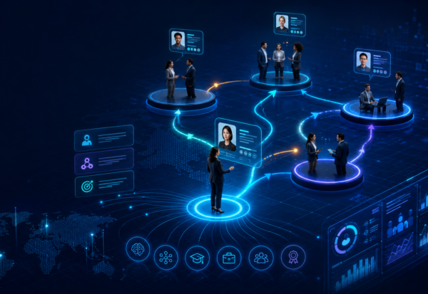 Ilustrasi internal mobility dengan visual talent network, perpindahan karyawan antar peran, profil kompetensi, dan dashboard analitik talent di era AI.