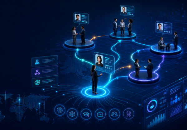 Ilustrasi internal mobility dengan visual talent network, perpindahan karyawan antar peran, profil kompetensi, dan dashboard analitik talent di era AI.