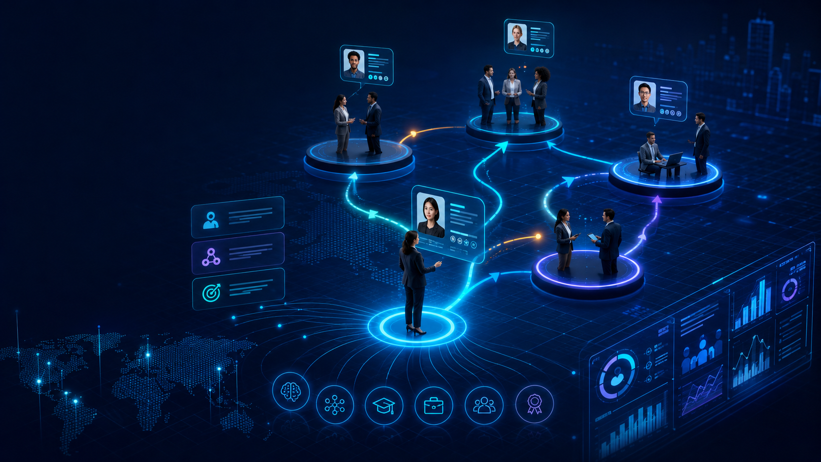 Ilustrasi internal mobility dengan visual talent network, perpindahan karyawan antar peran, profil kompetensi, dan dashboard analitik talent di era AI.