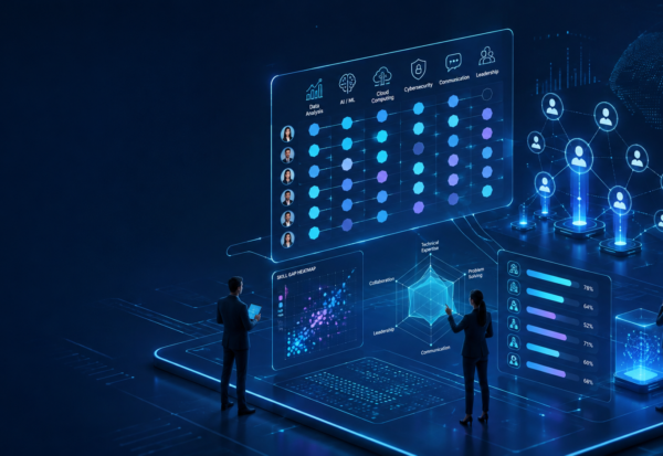 Ilustrasi skills intelligence dan pemetaan skill gap karyawan dengan visual holografik, competency map, analytics, dan talent network di era AI.