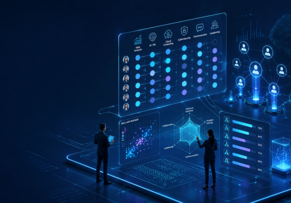 Ilustrasi skills intelligence dan pemetaan skill gap karyawan dengan visual holografik, competency map, analytics, dan talent network di era AI.