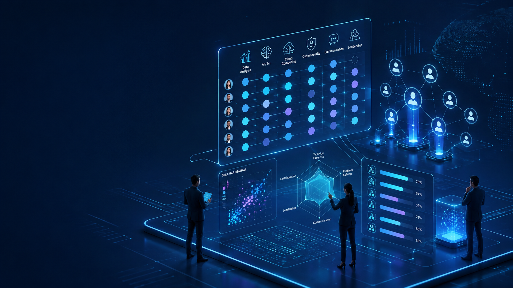 Ilustrasi skills intelligence dan pemetaan skill gap karyawan dengan visual holografik, competency map, analytics, dan talent network di era AI.